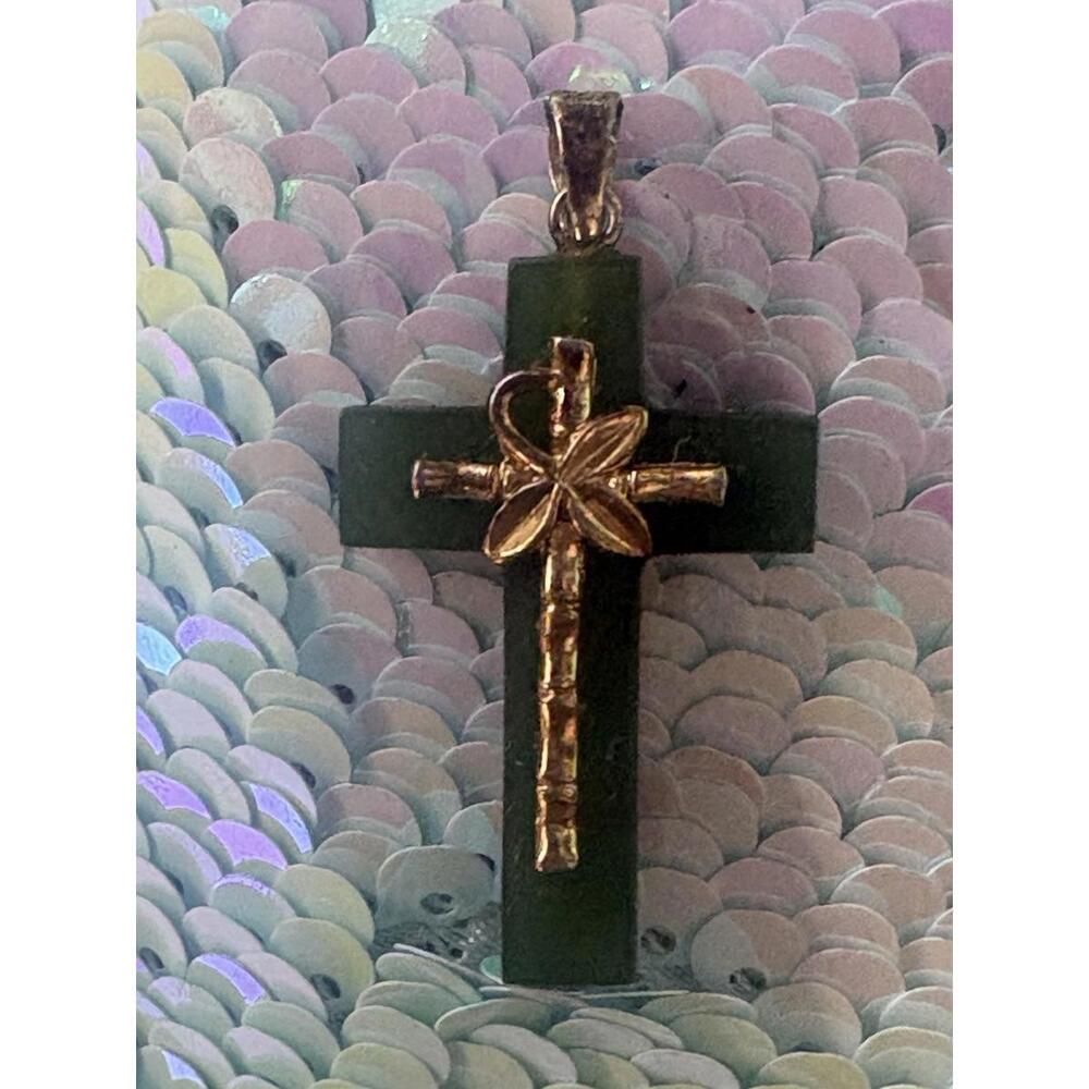 Gold Plated Antique Chinese Nephrite Jade Cross Pendant Silver Stamp, 40mm